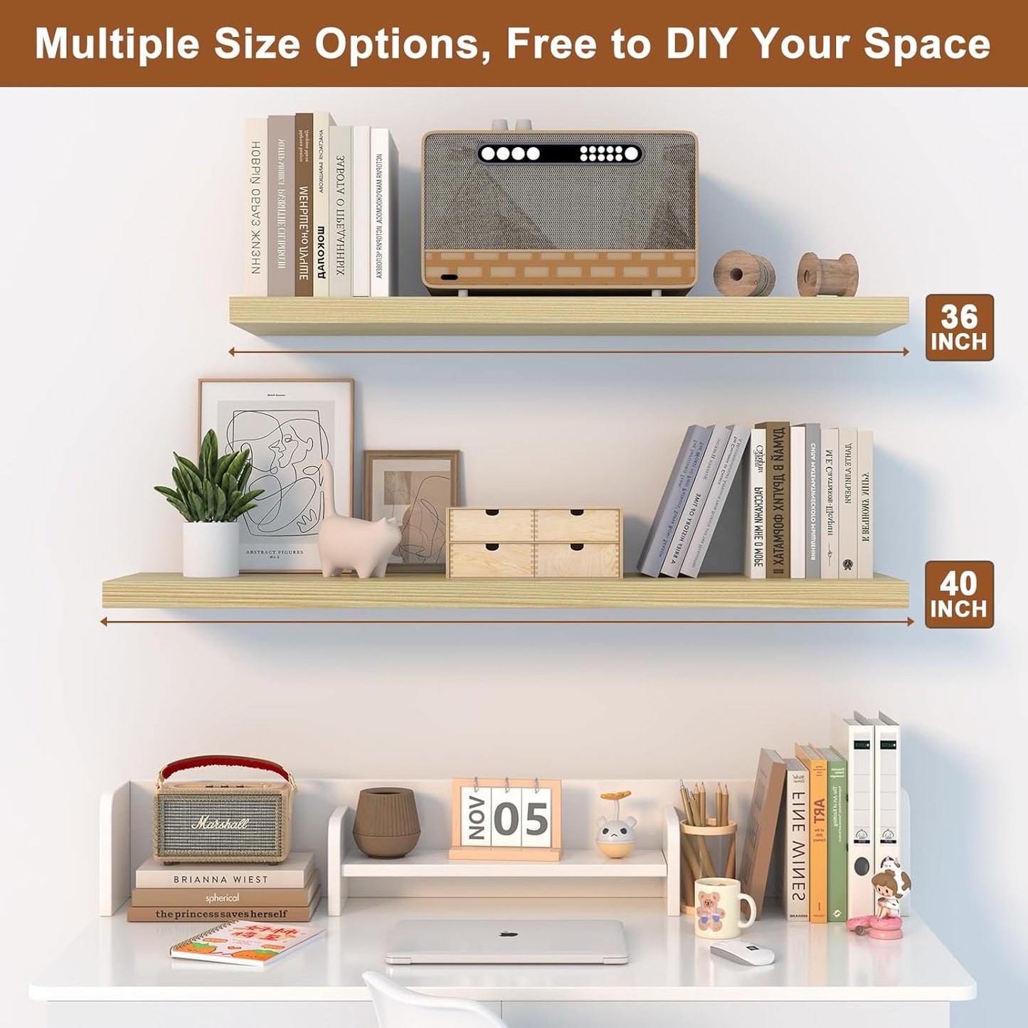 40 Inch Floating Shelf 3 Pack Large Floating Shelves for Wall No Drilling Accessories Included Deep Wall Shelves for Living Room Kitchen Farmhouse 40" W x 12" D x 1.2" Oak