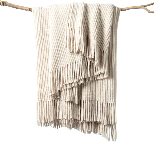 lifein Throw Blanket for Couch, Soft Boho Decor Bed Throw,Cozy White Chenille Knitted Small Farmhouse Lightweight Throw for Spring(White/Cream,50 * 60")