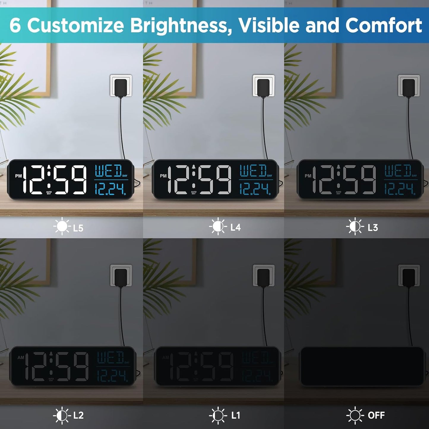 Peakeep Large Display Digital Alarm Clock for Bedrooms, Date Day of Week Calendar Desk Table Clocks for Living Room Office, Dimmable Plug in Electric Clock, 5 Volumes, Loud, Auto DST