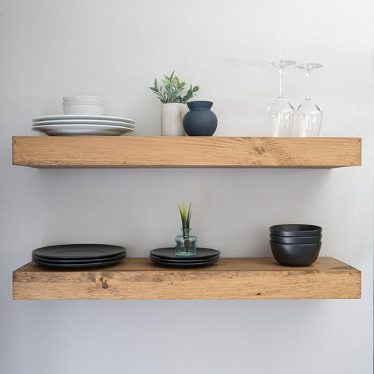 Modern Floating Shelves 3 Inches Thick for Wall, Wide Shelves for Kitchen, Living Room, Bedroom, and Bathroom, Natural Pine Wood, Rustic Wooden Shelf, (Set of 2) (Aged Oak, 48Lx3Hx6D)