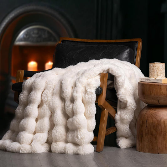 EVERGRACE Ultra Soft Luxury Fluffy Ridgeline Faux Rabbit Fur Throw Blanket, Thick Warm Bubble Throw for Bed, Cozy Plush Reversible Blankets for Couch, Chair, Sofa, Ivory White, 60x80 Inches, 870 GSM
