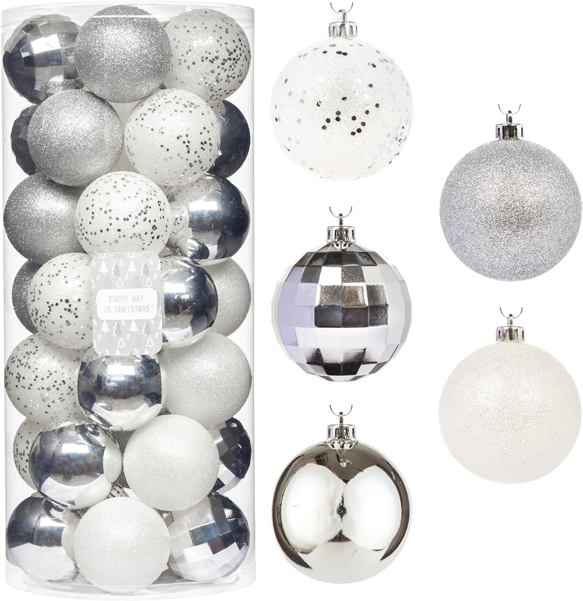 Every Day is Christmas Ornaments, Shatterproof Christmas Tree Ornament Set, Christmas Balls Decoration 35 Count (2.75"/70mm, White Silver)