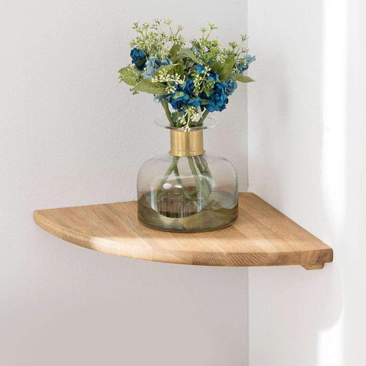Corner Shelf, 7inch Solid Oak Wood Floating Corner Shelf Wall Mount Round End Floating Speaker Shelves with Wire Hole for Small Plant Photo Frame for Bedroom Kitchen, Living Room