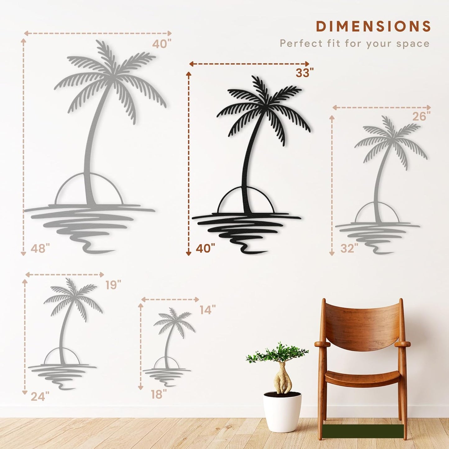 Metal Palm Tree with Sunset Wall Art, Large Outdoor Wall Decor, Tropical Beach Coastal Decor for Living Room, Bedroom, Garden Home Wall Sign, Perfect Metal Wall Art for Beach House, Coastal Theme, and Home Decoration (Gold, 40 x 33 inches)