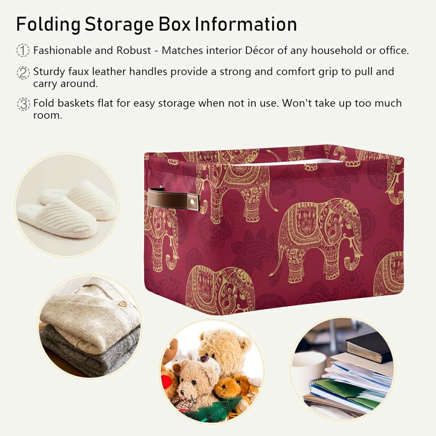 susiyo Foldable Storage Bins Large Collapsible Fabric Storage Baskets with Leather Handles Organizing Box for Shelves Home Bedroom Nursery Office 1 Pack，Indian Tribal Elephants