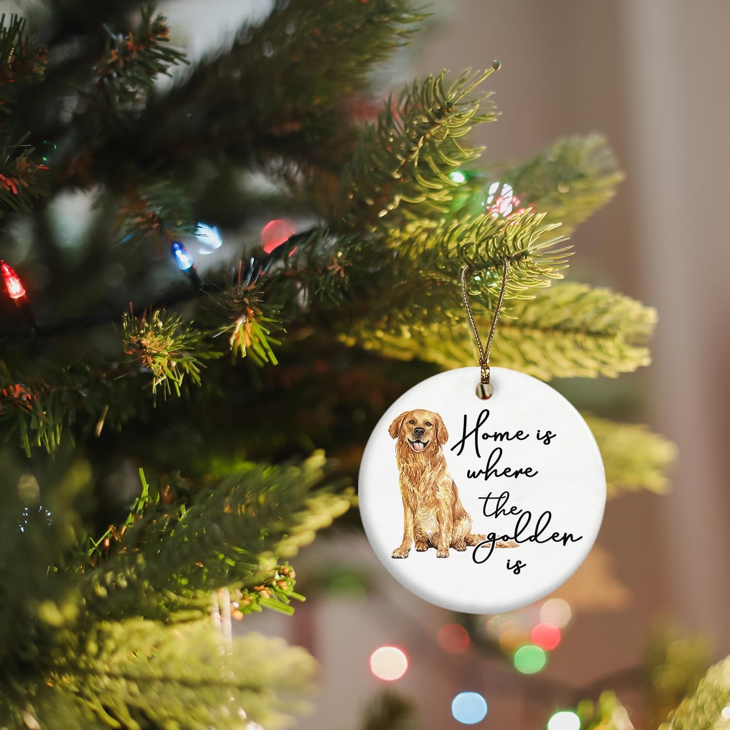 Golden Retriever Decor Gifts Ornament, Home is Where The Golden is Ceramic Christmas Ornament Keepsake Sign Plaque