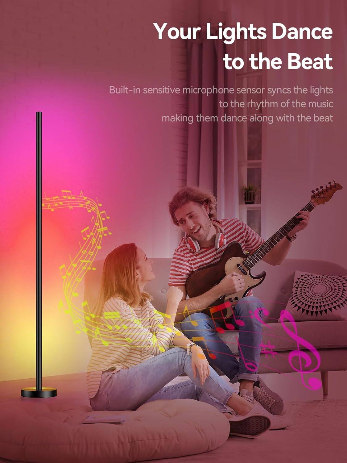 Smart RGBICW LED Corner Floor Lamp - 16 Million DIY Colors, 68+ Scenes, Music Sync, App & Remote Control, Color-Changing Ambient Lighting for Living Rooms, Bedrooms, and Gaming Rooms