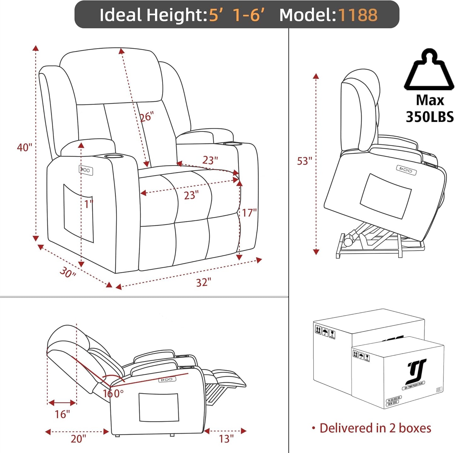 Power Lift Recliner Chair for Elderly with Massage and Heat, Reclining Sofa Chair with USB & Type-C Ports and Cup Holders, L1188(Brown)