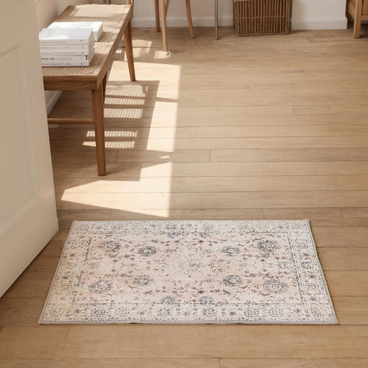 3'x5' Vintage Floral Rug - Persian Inspired Low-Pile Faux Wool Area Rug, Non-Slip Washable Small Rug for Bedroom, Nursery, Dorm, Soft Pink Boho Chic Decor