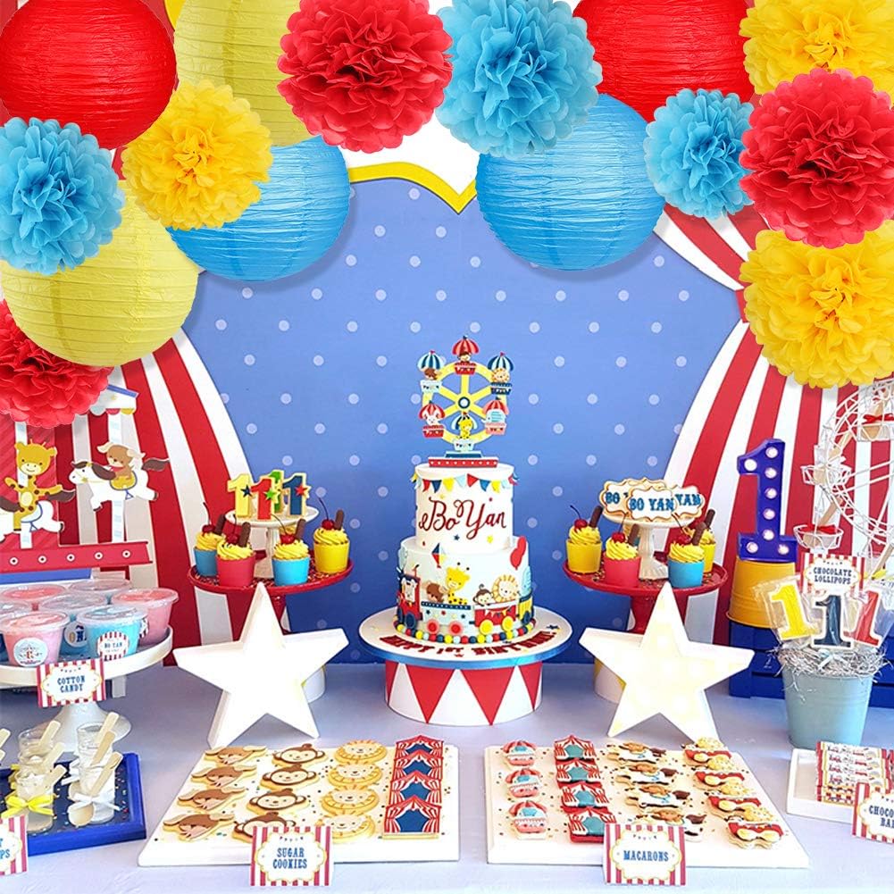 Carnival Circus Party Decorations, Red Yellow Blue Paper Lanterns and Pom Poms Flowers for Birthday Party Baby Showers Carnival Theme Rainbow Party Decor 15PCS