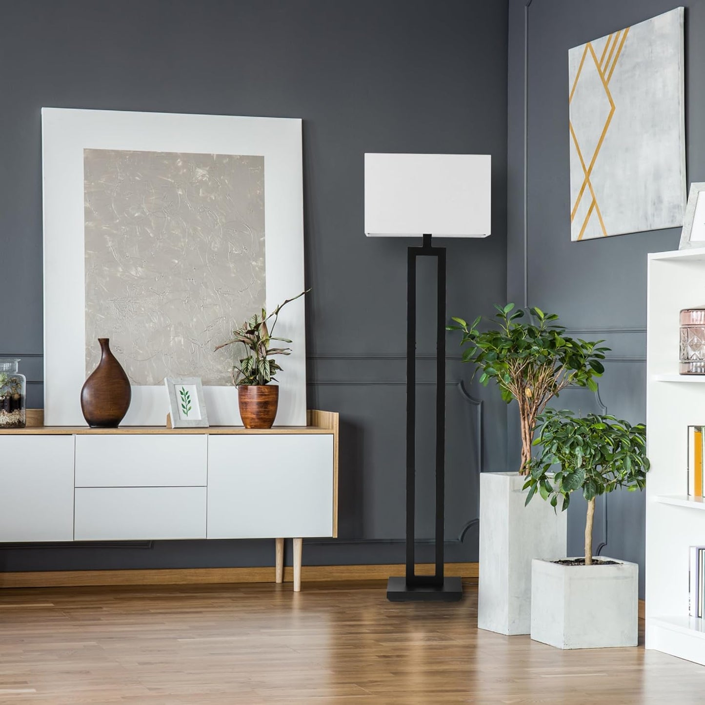 GLOBE Electric 67046 58" Floor Lamp, Matte Black Finish, White Linen Rectangular Shade, Modern Geometric Cutout Design, E26 Base