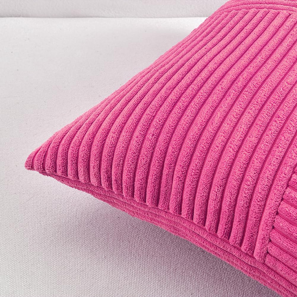 Fancy Homi 2 Packs Hot Pink Lumbar Decorative Throw Pillow Covers 12x20 Inch for Living Room Couch Bed Sofa, Rustic Farmhouse Boho Home Decor, Soft Striped Corduroy Rectangle Accent Cushion Case