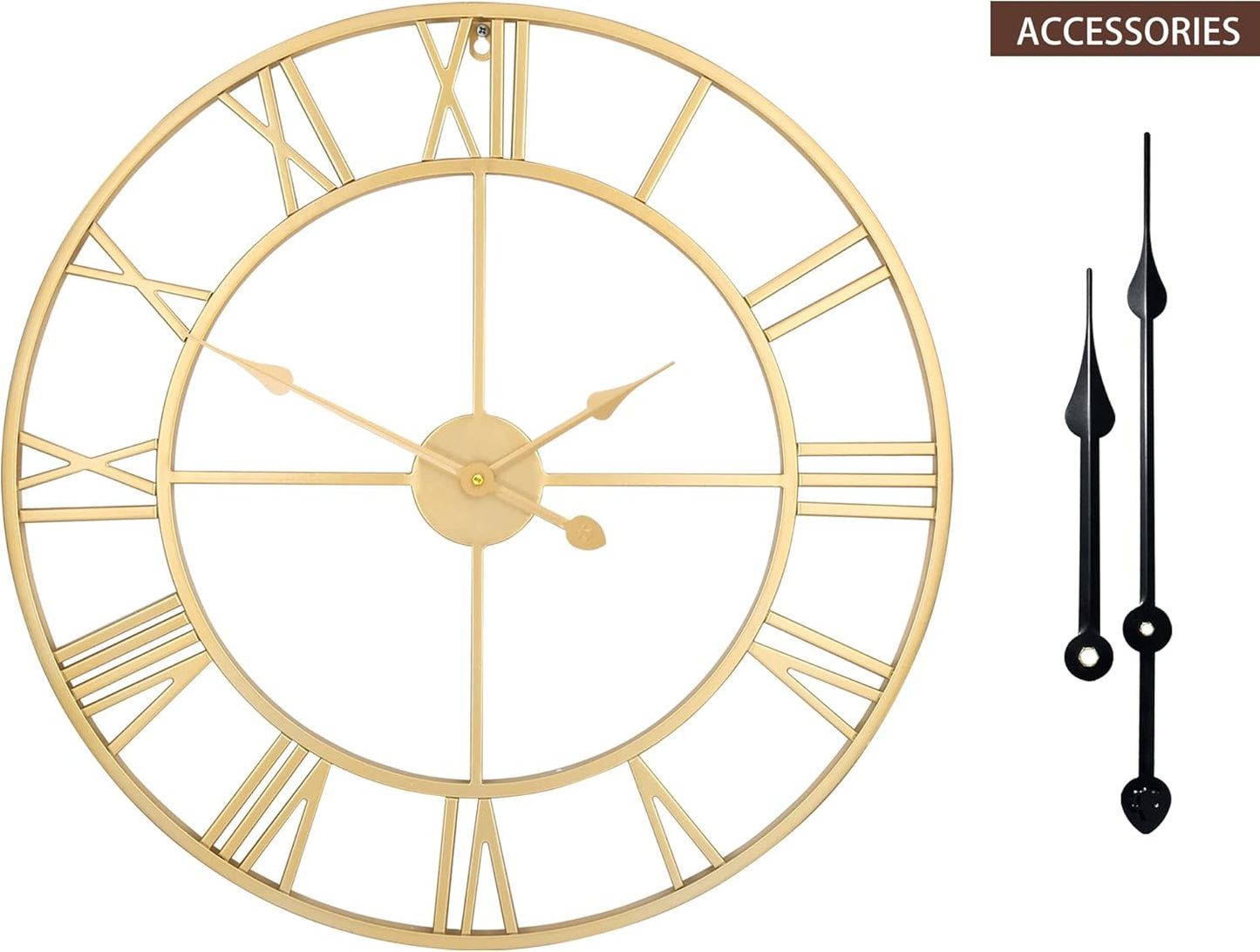 LEIKE Large Modern Wall Clocks,18" Gold Metal,Rustic,Round,Silent Non Ticking,Battery Operated Roman Numerals Clock for Living Room/Bedroom/Kitchen Wall Decor-(Gold, 47cm)