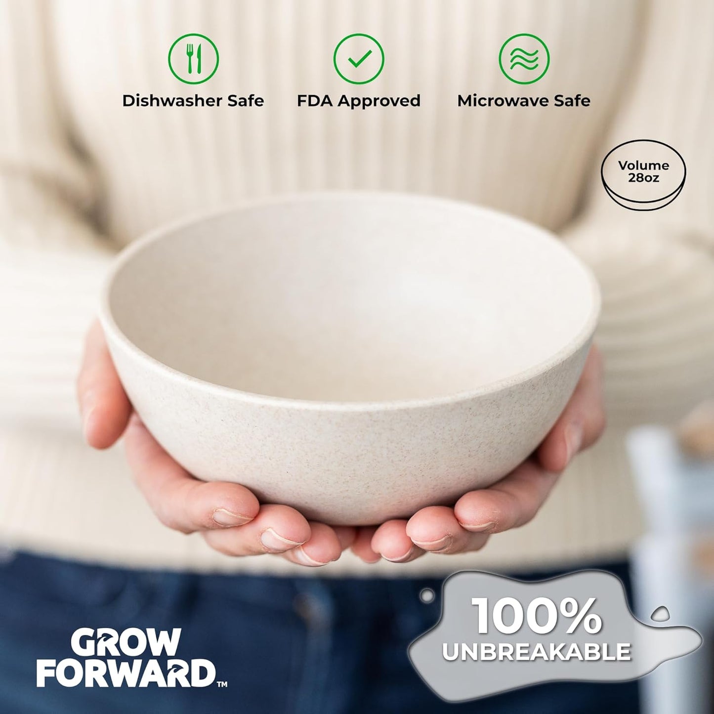Grow Forward Premium Wheat Straw Bowls - 27oz Microwave Safe Plastic Cereal Bowls Set of 8 for Kitchen, Camping, RV, Dessert, Snack, Soup, Salad, Fruit - Reusable, Unbreakable & BPA Free - Sahara