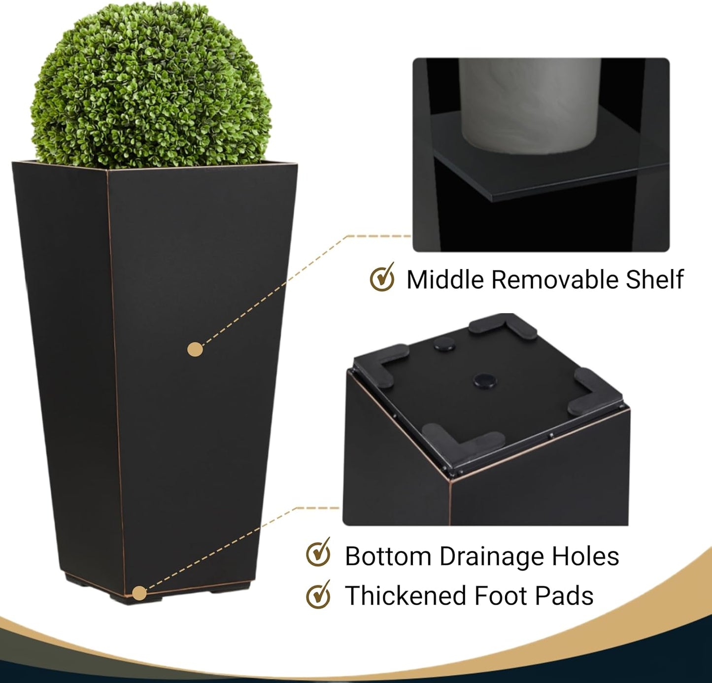 26 Inch Planter Tall Tapered Planter for Front Porch, Patio, Deck, Garden Indoor/Outdoor Tree Planters, Set of 4, Black with Copper Hand Brushed Rim