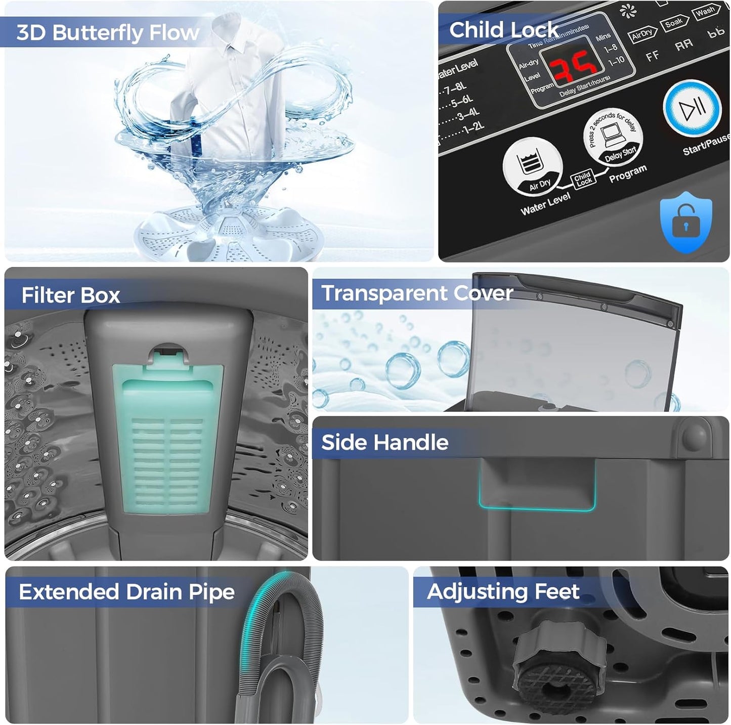Nictemaw Portable Washing Machine 20Lbs Portable Washer with Drain Pump, 2.8 Cu.ft Compact Washer Machine with 10 Programs 8 Water Levels Compact Laundry Machine for Apartment, Home, Dorms, Rv