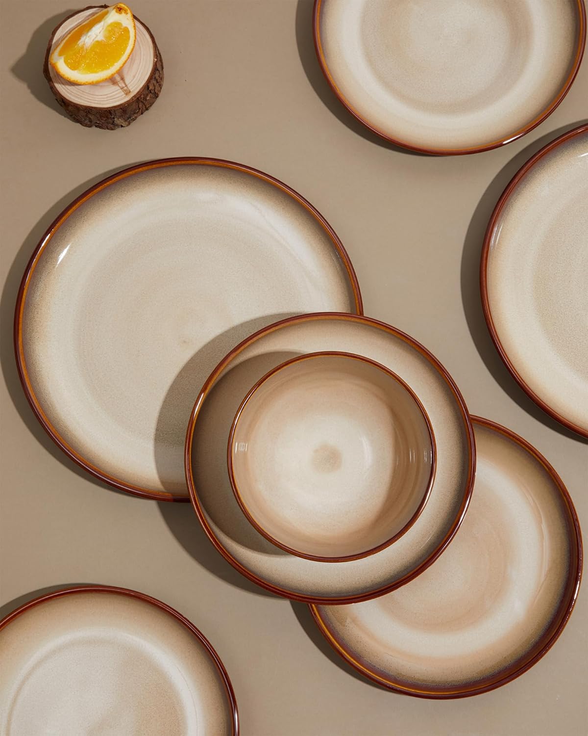 Stoneware Dinnerware Set Service for 4, 12 pcs Reactive Glaze Plates and Bowls Sets, Handmade Round Dishes Set, Highly Chip and Crack Resistant Modern Plate Set, Brown Yellow