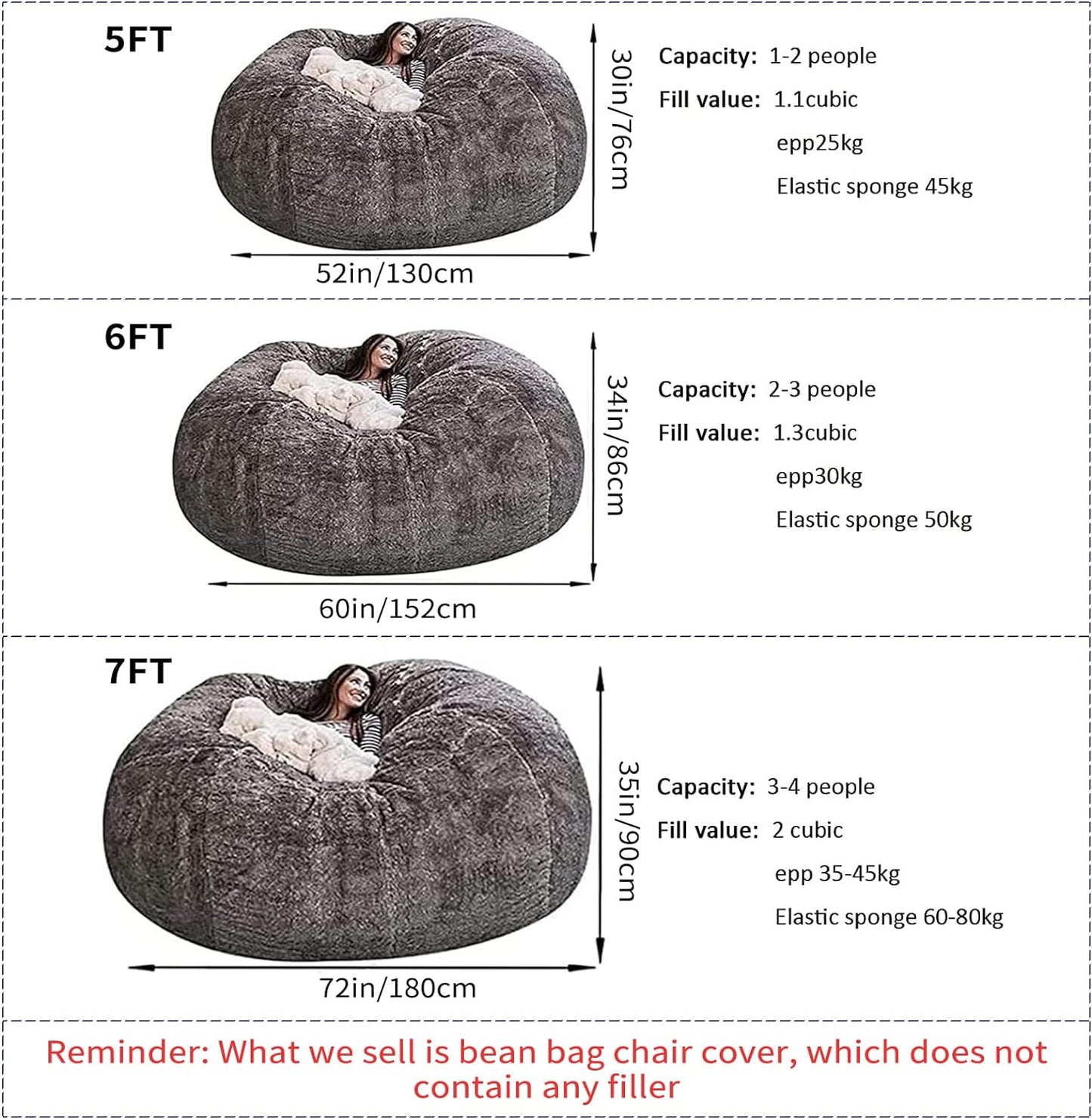 Big Huge Giant Bean Bag Chair for Adults, (No Filler) Bean Bag Chairs in Multiple Sizes and Colors Giant Foam-Filling Required- Machine Washable Covers, Double Stitched Seams (Pink,7FT)