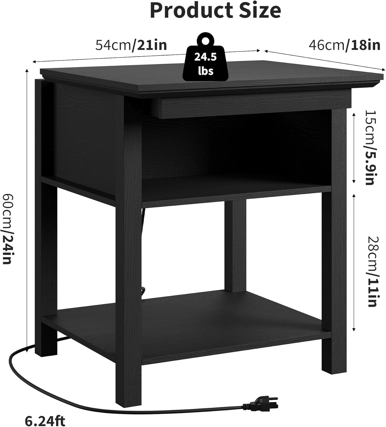 Rresyet Sliding Side Table Set of 2 with Charging Station & 2-Tier Storage,Farmhouse End Table, Wooden Nightstand for Bedroom & Living Room,White (Black)