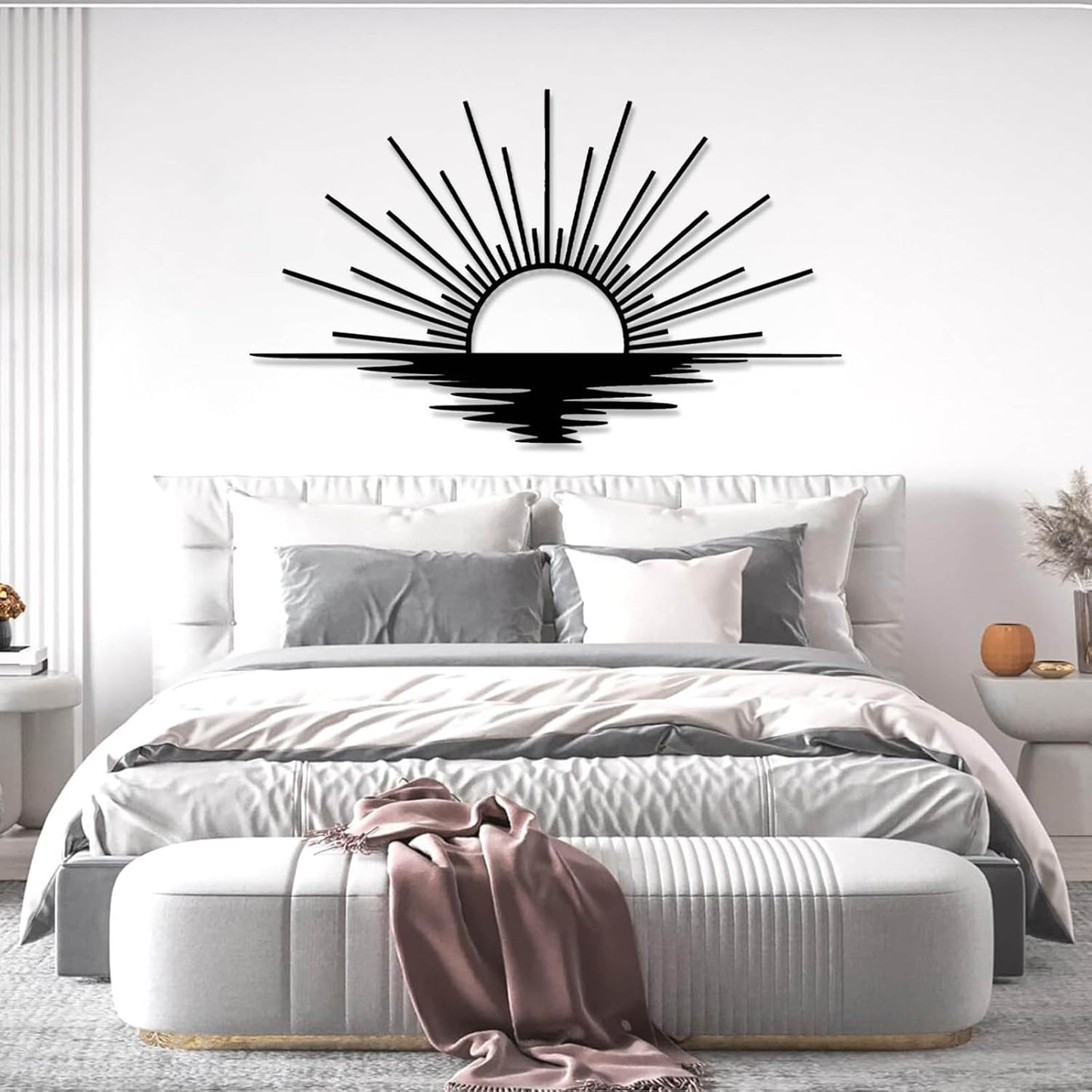 Sunrise Metal Wall Art, Metal Sun Wall Decor, Sun Outdoor Wall Art, Abstract Sunrise Wall Decor, Boho Home Hanging, Living Room Wall Hanging (White, 41"x25"/105x63cm)