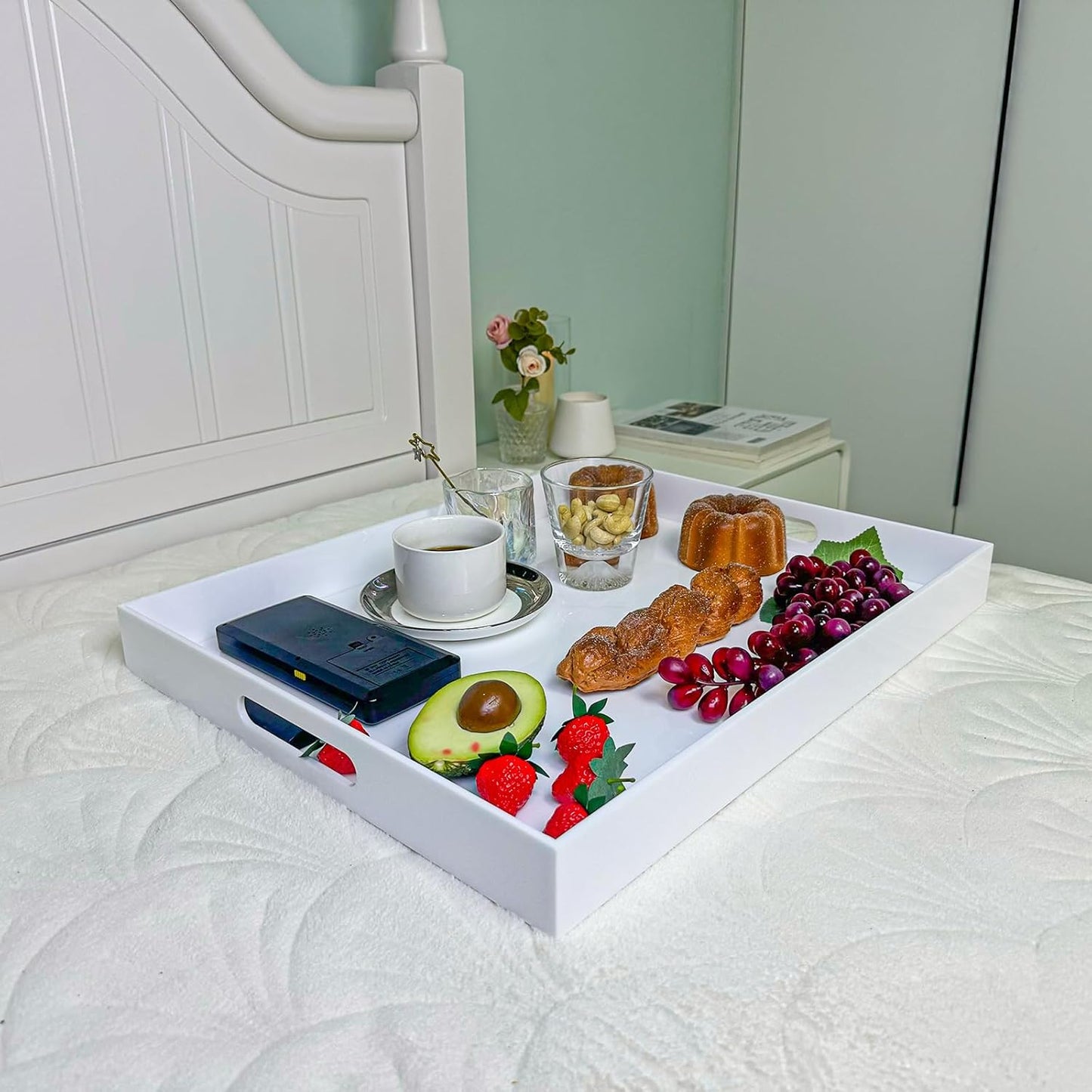 White Rectangular 16x20 Inches Acrylic Ottoman Tray Decorative Serving Tray with Cutout Handles Organizer Tray on Coffee Table Countertop Big Breakfast Bed Tray Living Room Appetizer Serving Food