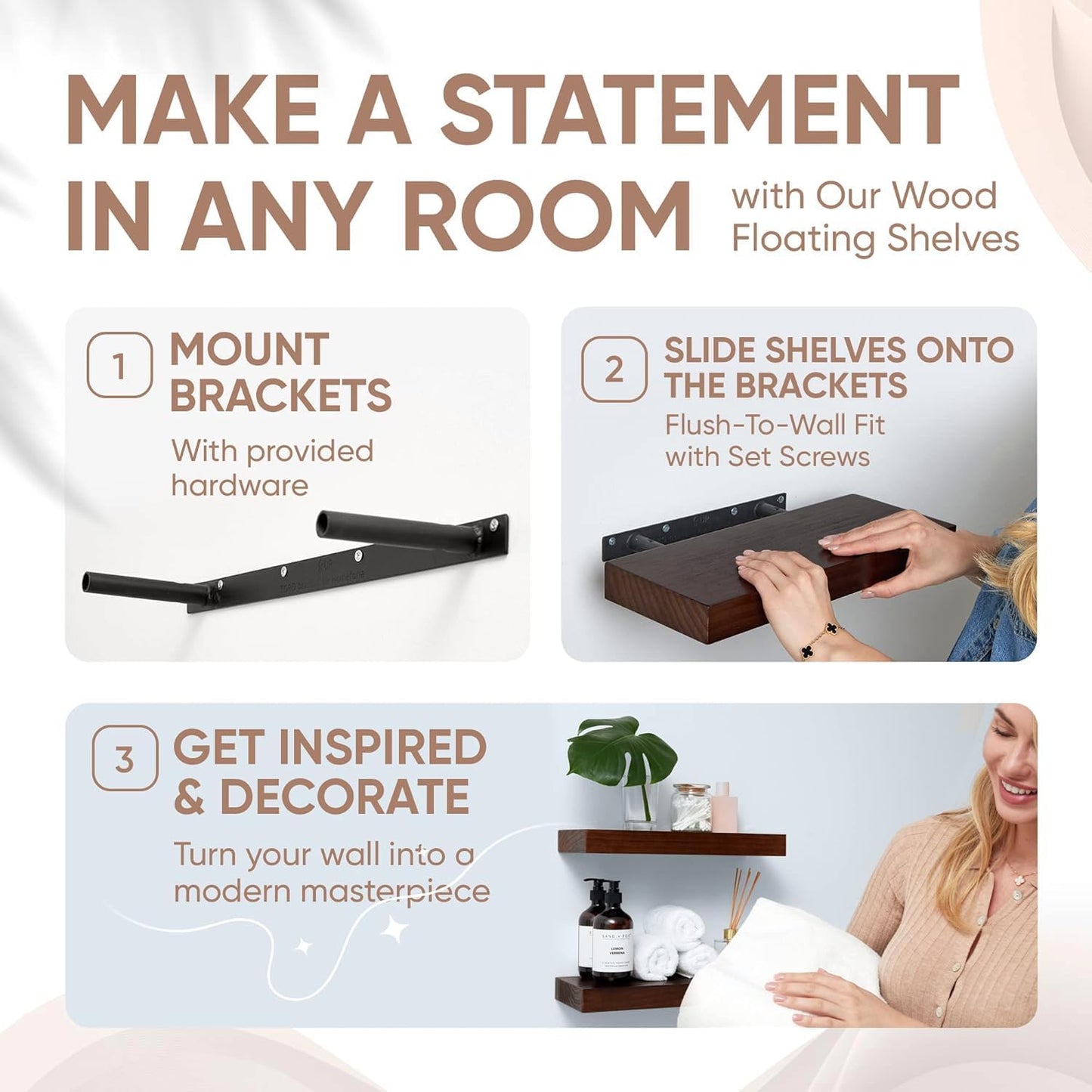 Homeforia Walnut Floating Bathroom Shelves, High End Solid Real Wood 16 inch Small Floating Shelf for Wall Mounted, Dark Brown 16inch Floating Shelves, Heavy Duty Bracket, 16 X 6.5 X 1.75 in, Set of 2