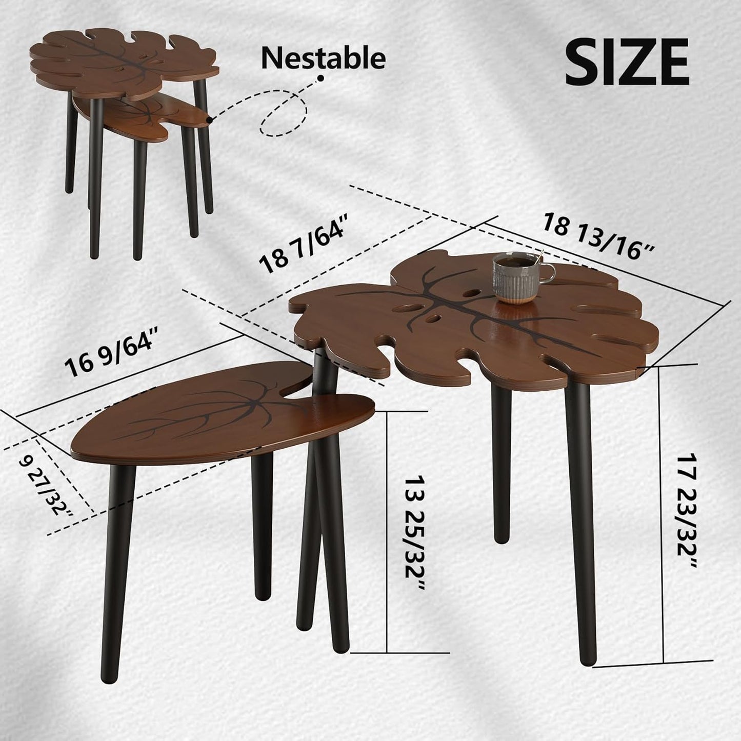 BAMEOS Monstera Leaf Nesting Tables Set of 2, Small Coffee Table Set with Leaf Vein Pattern, Modern Wooden Side Tables for Living Room Bedroom Apartment Balcony Yard