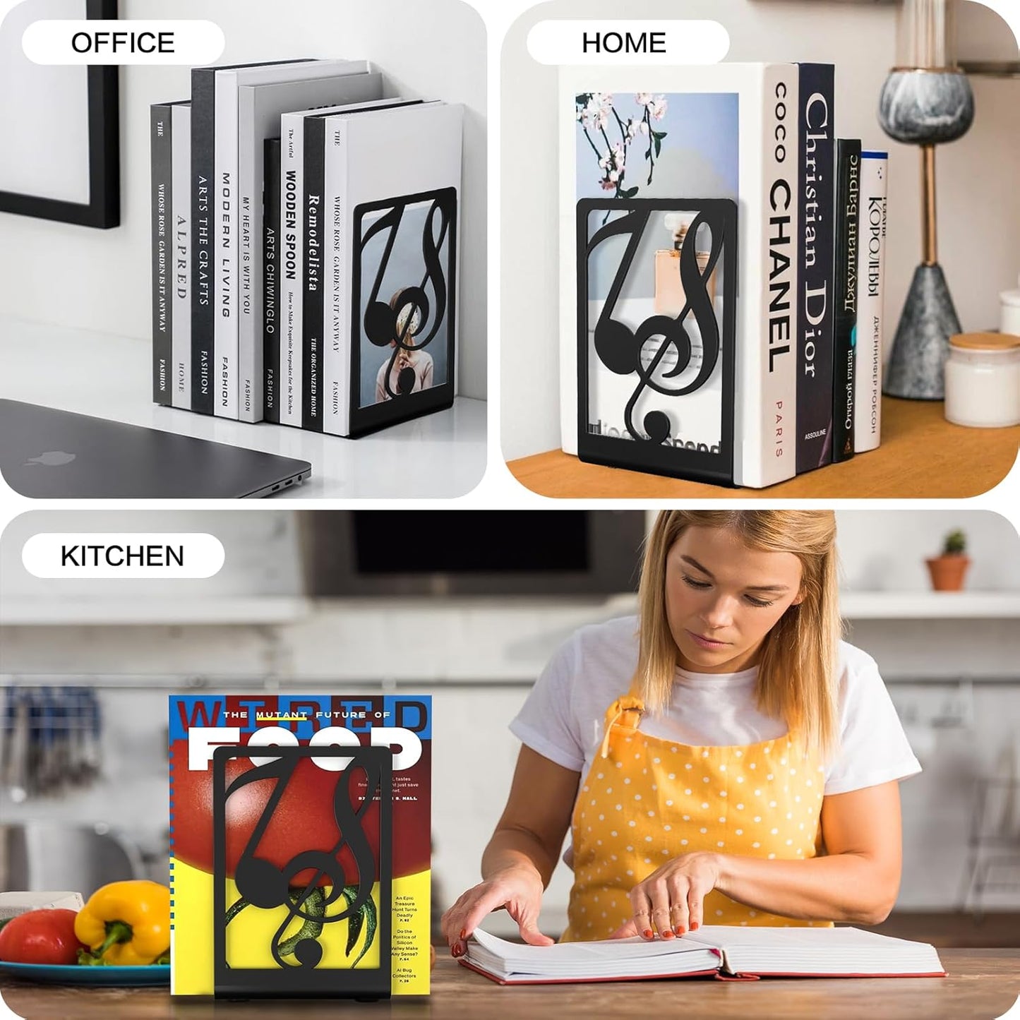 Book Ends for Shelves and Heavy Books - Metal Bookends Black 3 Pair, Shelf Holder Home Decorative, Stoppers for Kitchen Cooking Lover Gifts