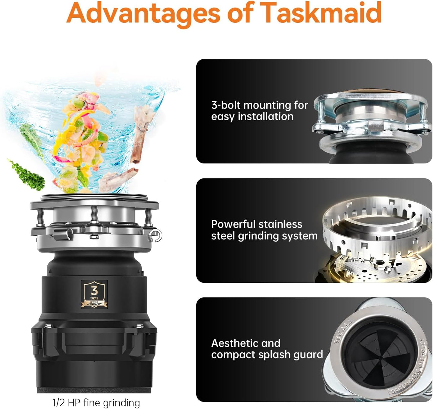 1/2 HP Garbage Disposal, TECASA Food Garbage Disposal with Power Cord, Stainless Steel Grinding System and 3-Bolt Mounting, Continuous Feed Compact Garbage Disposals, UL Certified, Taskmaid Series 50