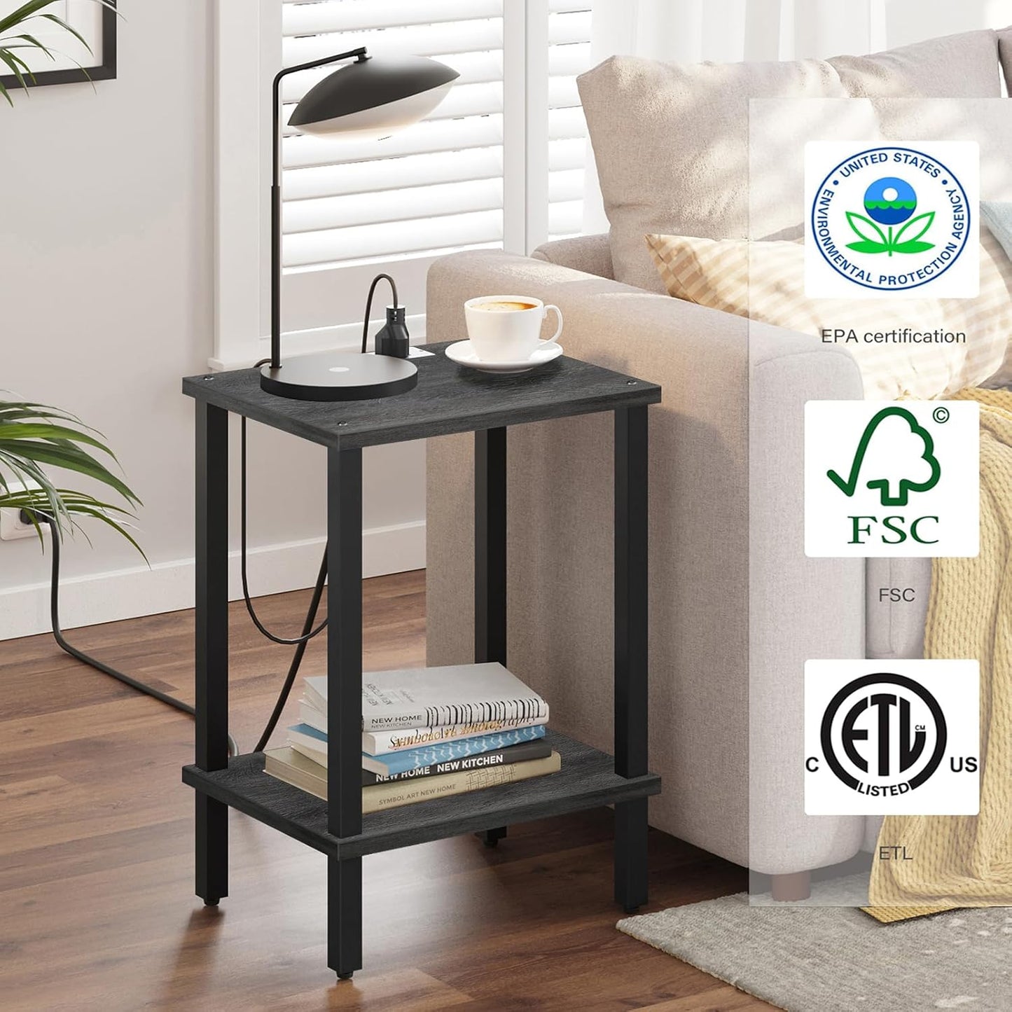 TUTOTAK End Table with Charging Station, Small Side Table with Outlets, Nightstand Bedside Table, 2-Tier Storage Shelf for Small Space, Living Room, Bedroom, Charcoal Grey TB01BY040