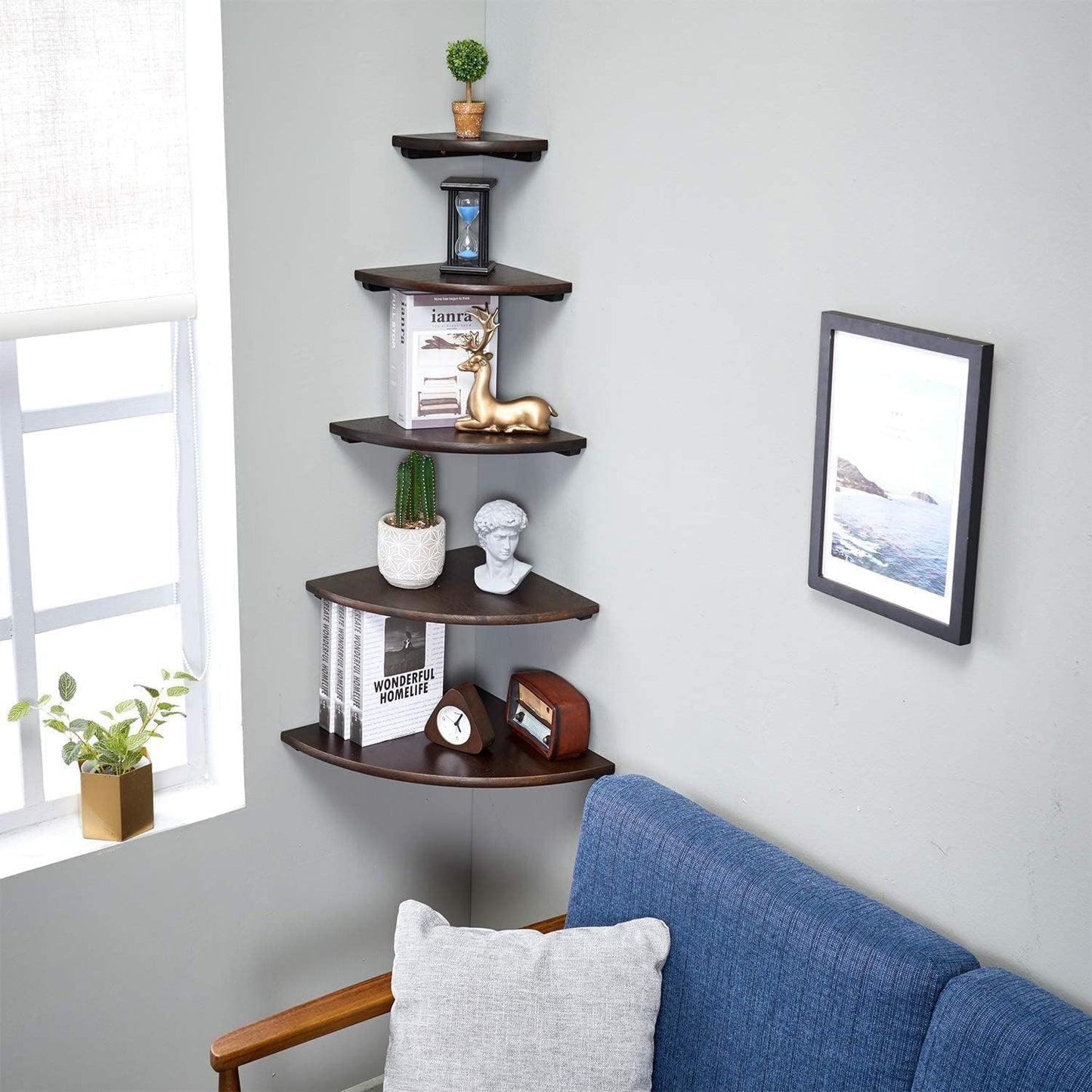 Corner Shelf,14inch Walnut Solid Wood Floating Corner Shelves Wall Mount Round End Floating Speaker Rack with Wire Hole for Small Plant for Bedroom Kitchen, Living Room