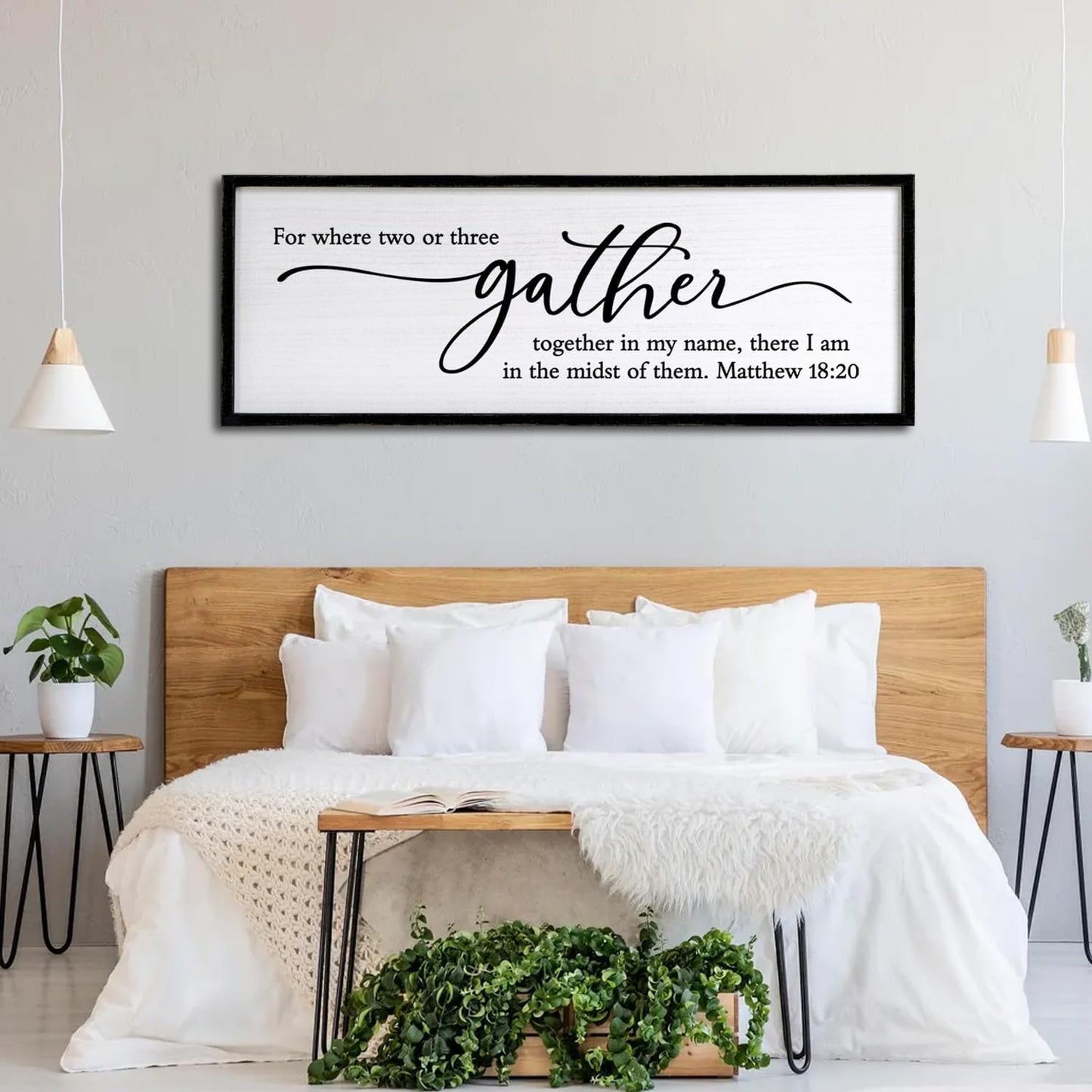 For Where Two or Three Gather in My Name, There I am in the Midst of Them Bible Verse Framed Wall Art, 40''×15'' Rustic Religious Christian Matthew 18:20 Sign, Inspirational Catholic Scripture Decor