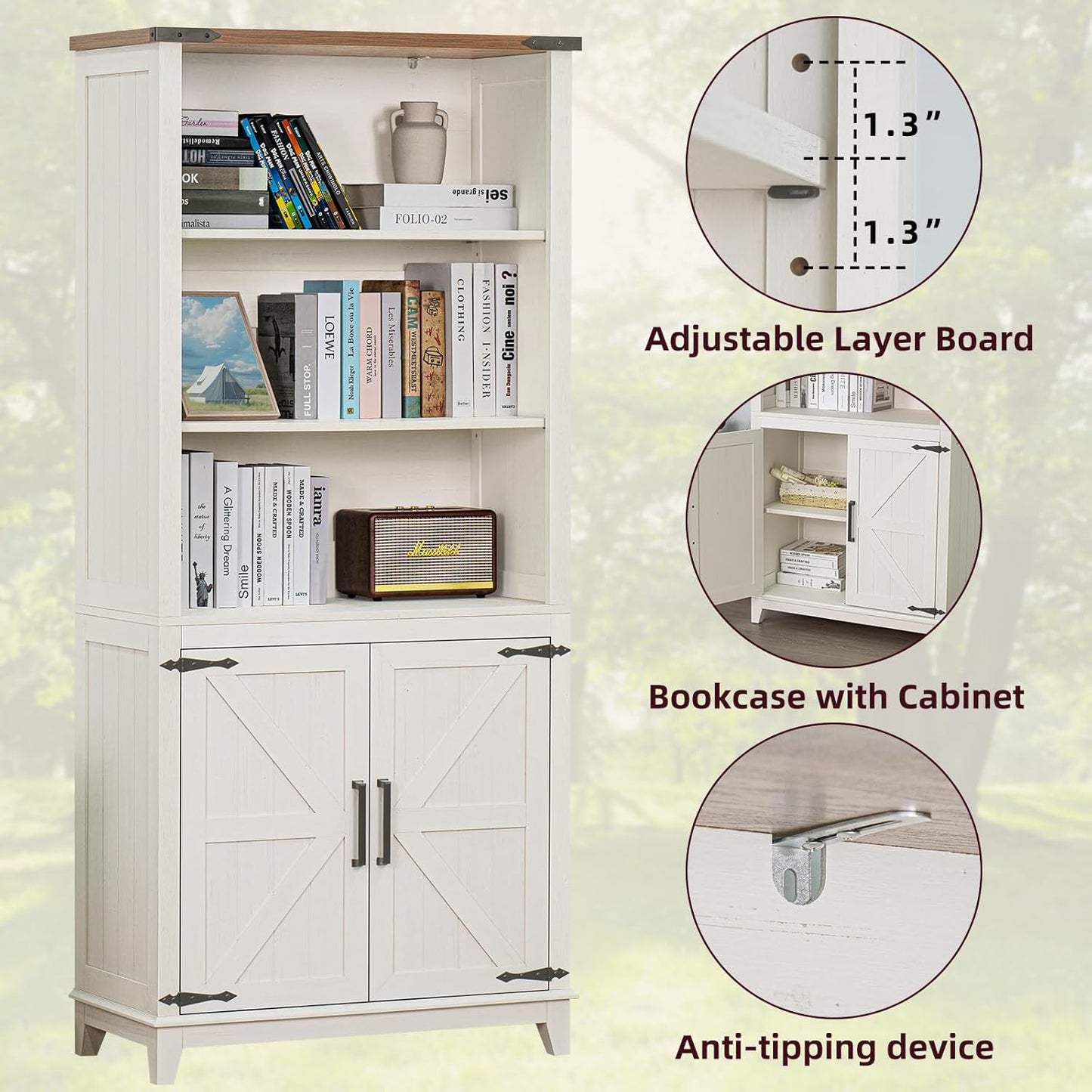 70in Tall Bookshelf 5 Tier Bookcase with Barn Doors and Storage Cabinet, White Farmhouse Book Shelf with Adjustable Shelves, Wood Freestanding Display Bookshelves for Bedroom, Kitchen (3PCS)