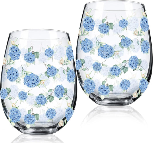 Sliner 2 Pack 17oz Hydrangea Stemless Wine Glasses Spring Summer Floral Drinking Glasses Hydrangea Tumbler Cups for Spring Summer Parties Supplies Birthday Gift