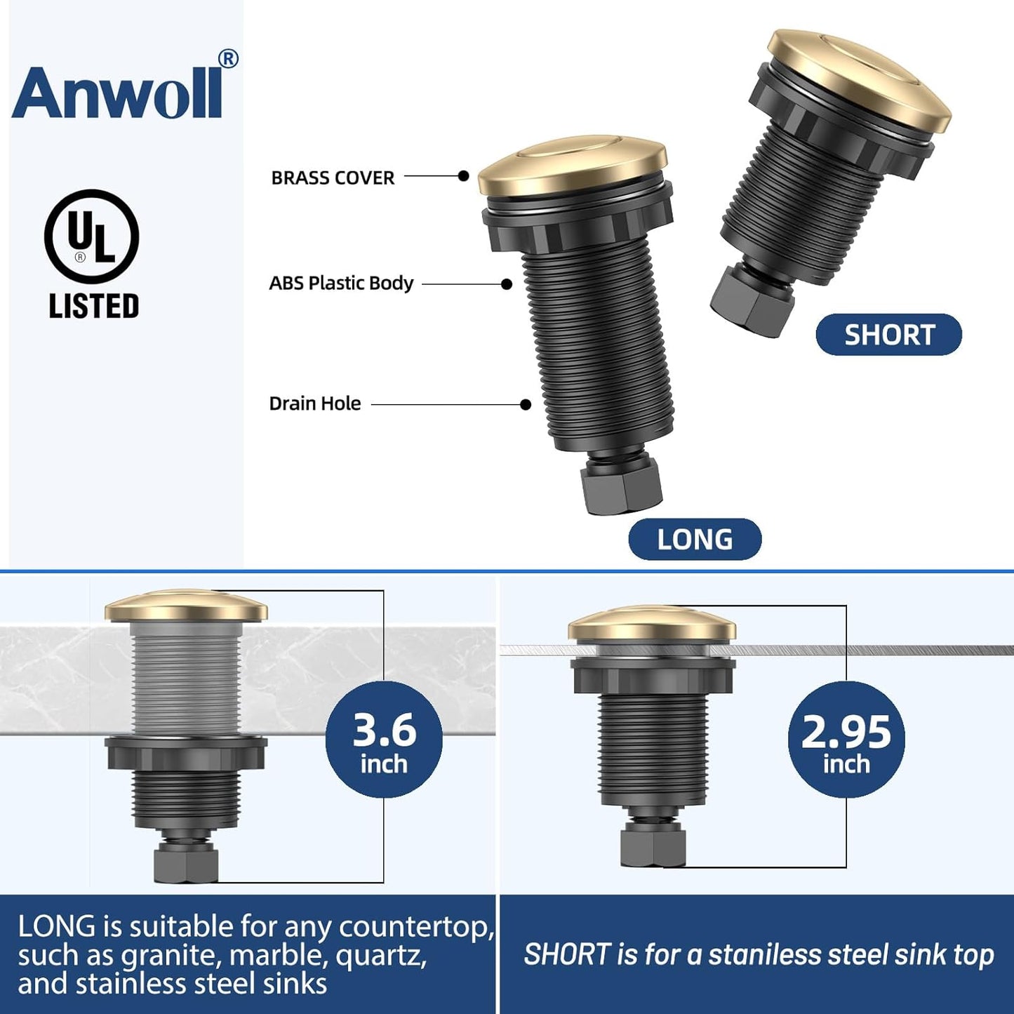 Garbage Disposal Air Switch Kit, UL Listed, Professional Sink Top On/Off Button, Champagne Bronze Finish, Compatible with Delta Faucet, Dual Outlet Universal Fit for All Garbage Disposals
