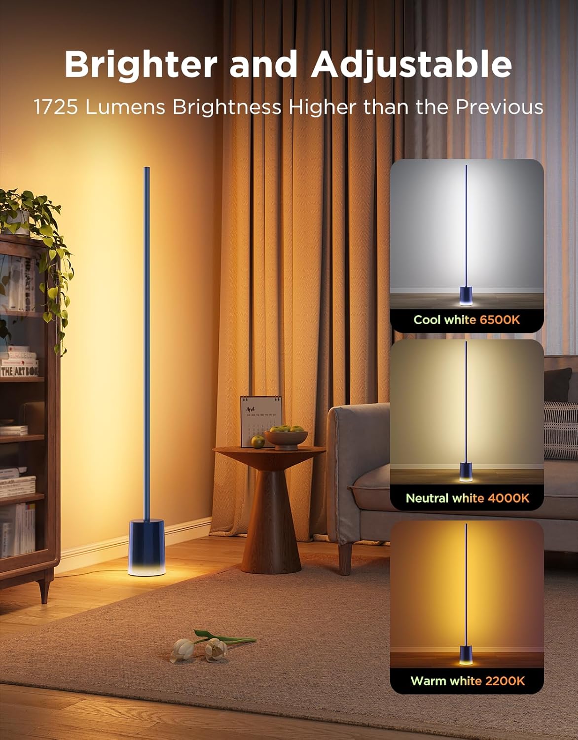 Govee Floor Lamp 2 with Matter, RGBIC, Warm Cool White LED, Alexa Compatible, 1725lm, Music Sync, Scene Modes, Smart Floor Lamp for Living Room, Bedroom, Blue(1 Pack)