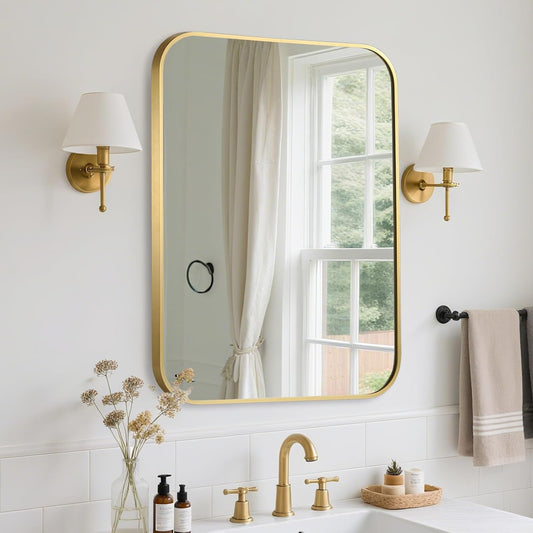 FARMER 24x32 Inch Gold Bathroom Mirror, Rectangle Vanity Mirror, Brushed Mirrors for Wall, Metal Frame Hanging Mirror with Round Corner for Bedrooms, Entryways, Living Rooms, Horizontal/Vertical