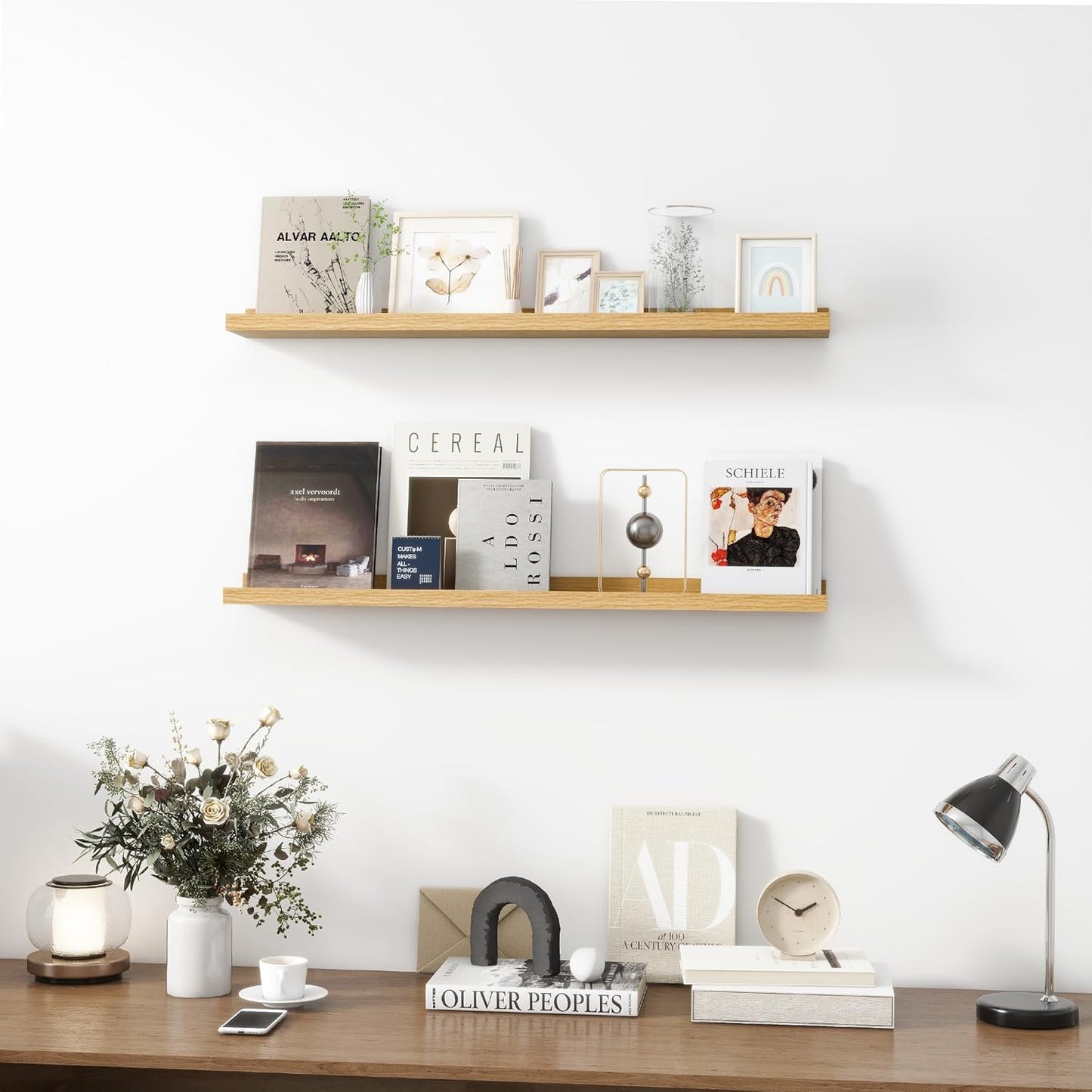 Picture Ledge Shelf, Wood Floating Shelves Set of 2, 36 inch Picture Ledge Shelves, Photo Ledge Nursery Book Shelves Wall Mounted for Living Room Kids' Room Bedroom, Color Oak