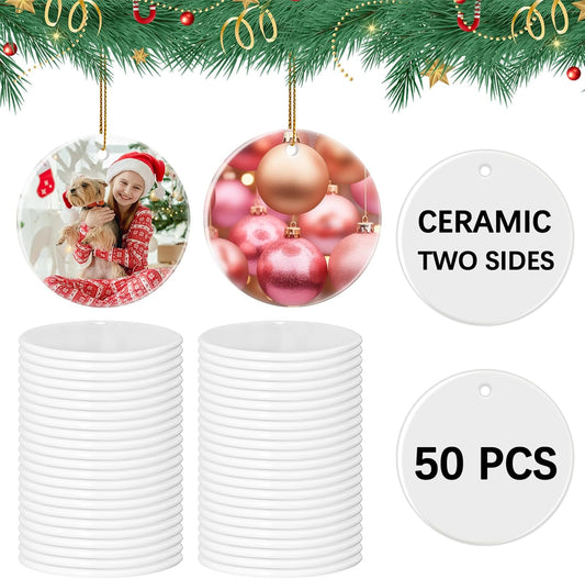 50 PCS Sublimation Ceramic Ornament Blank 3 inch Round Crafting DIY Personalized Christmas Home Decor Bulk Two-Sided Printed White Ceramic Decoration