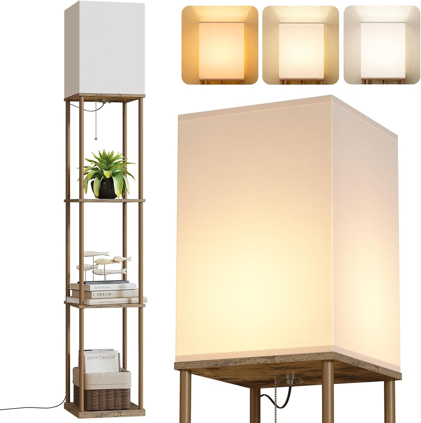 SUNMORY Floor Lamp with Shelves, Modern Square Shelf Lamps, Display Shelf Standing Lamp with 3 Color Temperature Bulb, Corner Bookshelf Lamps for Living Room and Bedroom Office, Home Decor