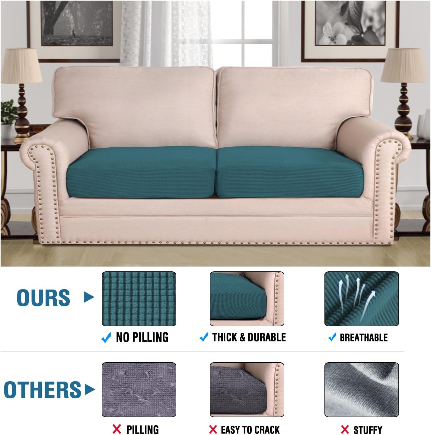 H.VERSAILTEX Super Stretch Individual Seat Covers - Sofa & Couch Cushion Slipcover Sets (Thick Jacquard Textured Twill Fabric, Deep Teal) - 2 Piece Large