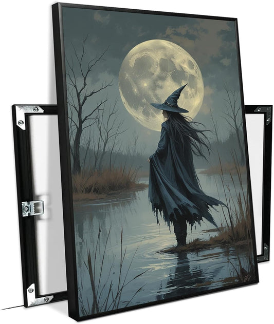 JFHCQJPK Witch in the moonlight magic canvas wall art enchanting Halloween home decor swamp witch silhouette oil painting mysterious gothic aesthetic wall decor print poster8x12in Metal blackFramed