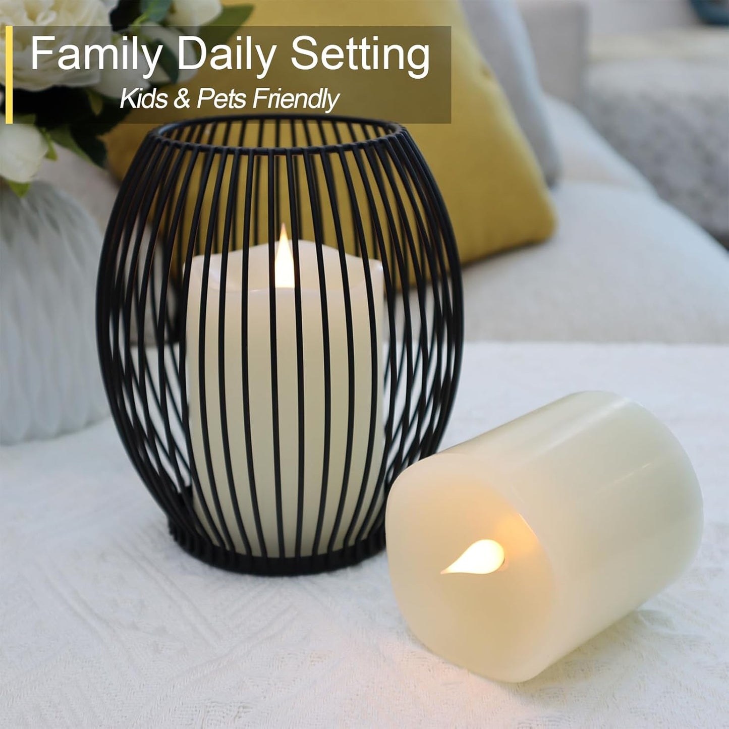 Flameless Candles Battery Operated with Remote Timer, 3D Moving Flame Flickering, Last 600+ Hours Battery Candles, 3" x 3" Ivory Real Wax Electric LED Candle for Wedding Party, Set of 2