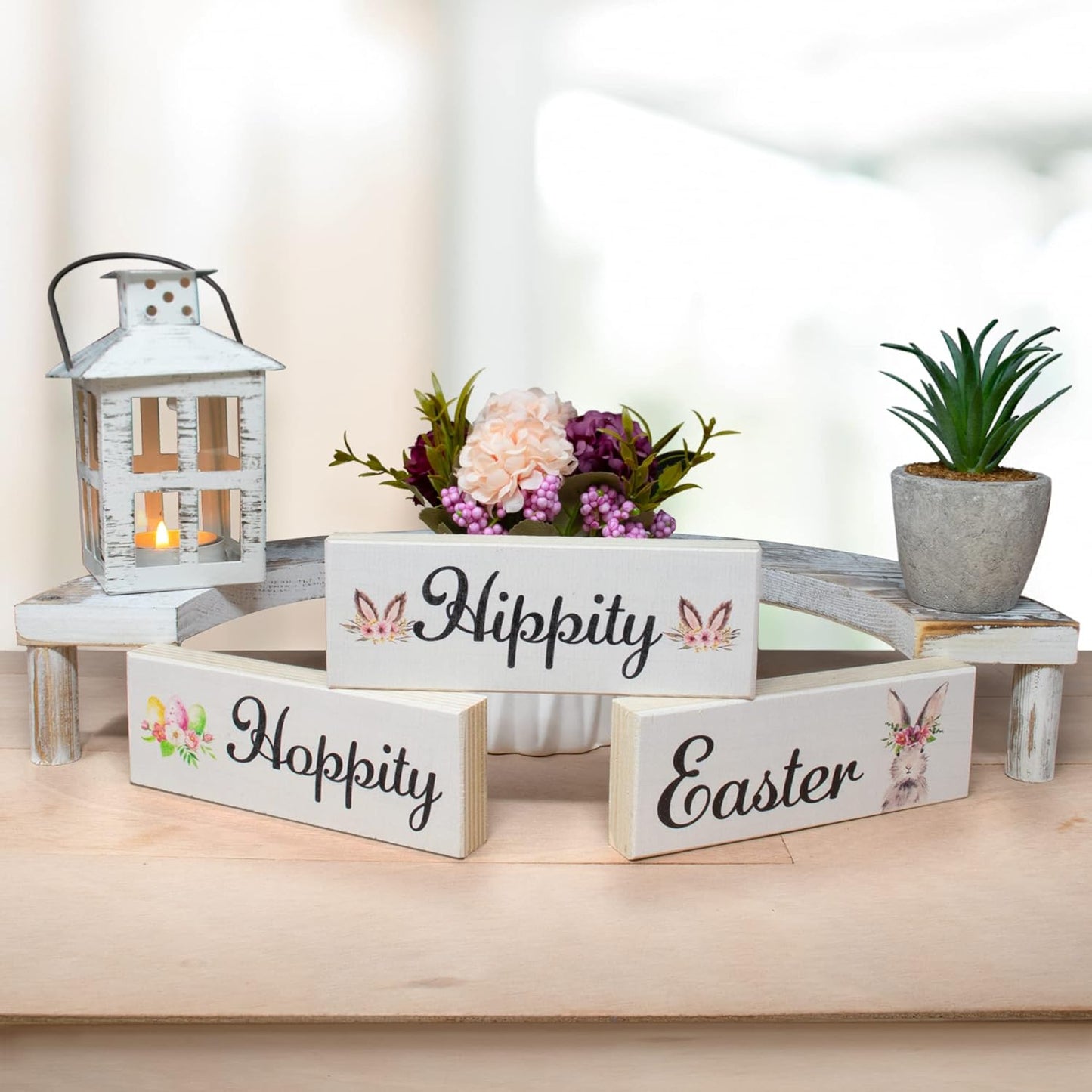 JennyGems Easter Bunny Decor 3pc Wooden Block Set, Tiered Tray, Wreath and Tabletop Decor for Easter Decorations