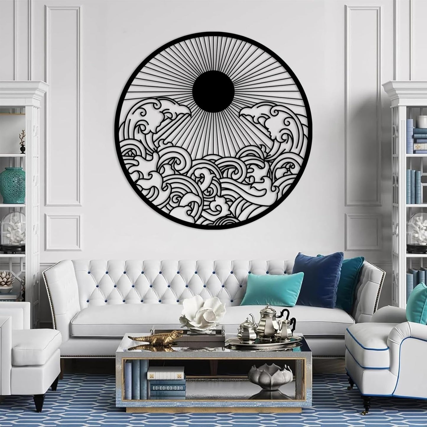 flyoak Metal Sun Wall Decor Outdoor, Sunrise Metal Wall Art, Metal Wave Wall Art, Sunrise and Wave Wall Decor, Sunburst Wall Art, Sunset Wall Art, Wall Hangings for Bedroom (Silver, 19x19in|47x47cm)