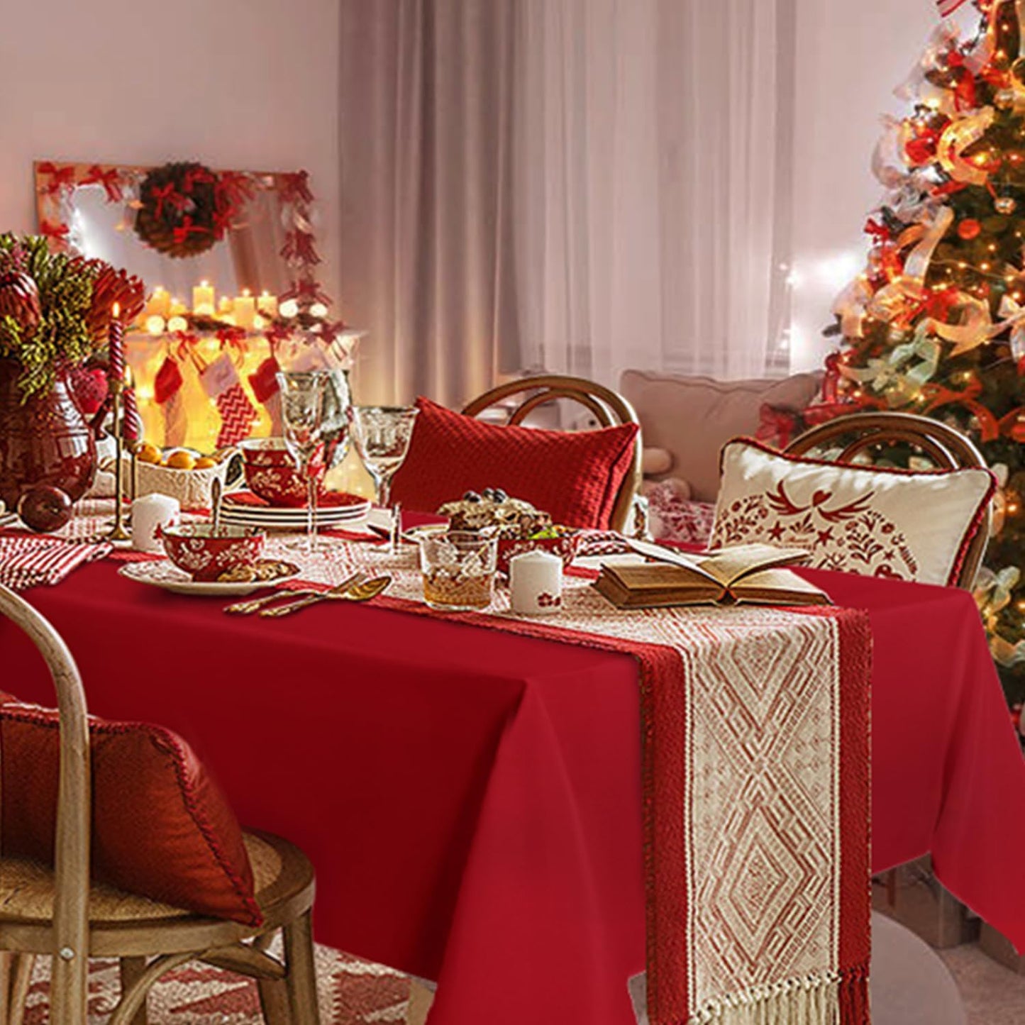 sancua Rectangle Tablecloth - 90 x 132 Inch - Water Resistant Spill Proof Washable Polyester Table Cloth, Decorative Fabric Table Cover for Dining Tables, Buffet Parties and Camping, Red