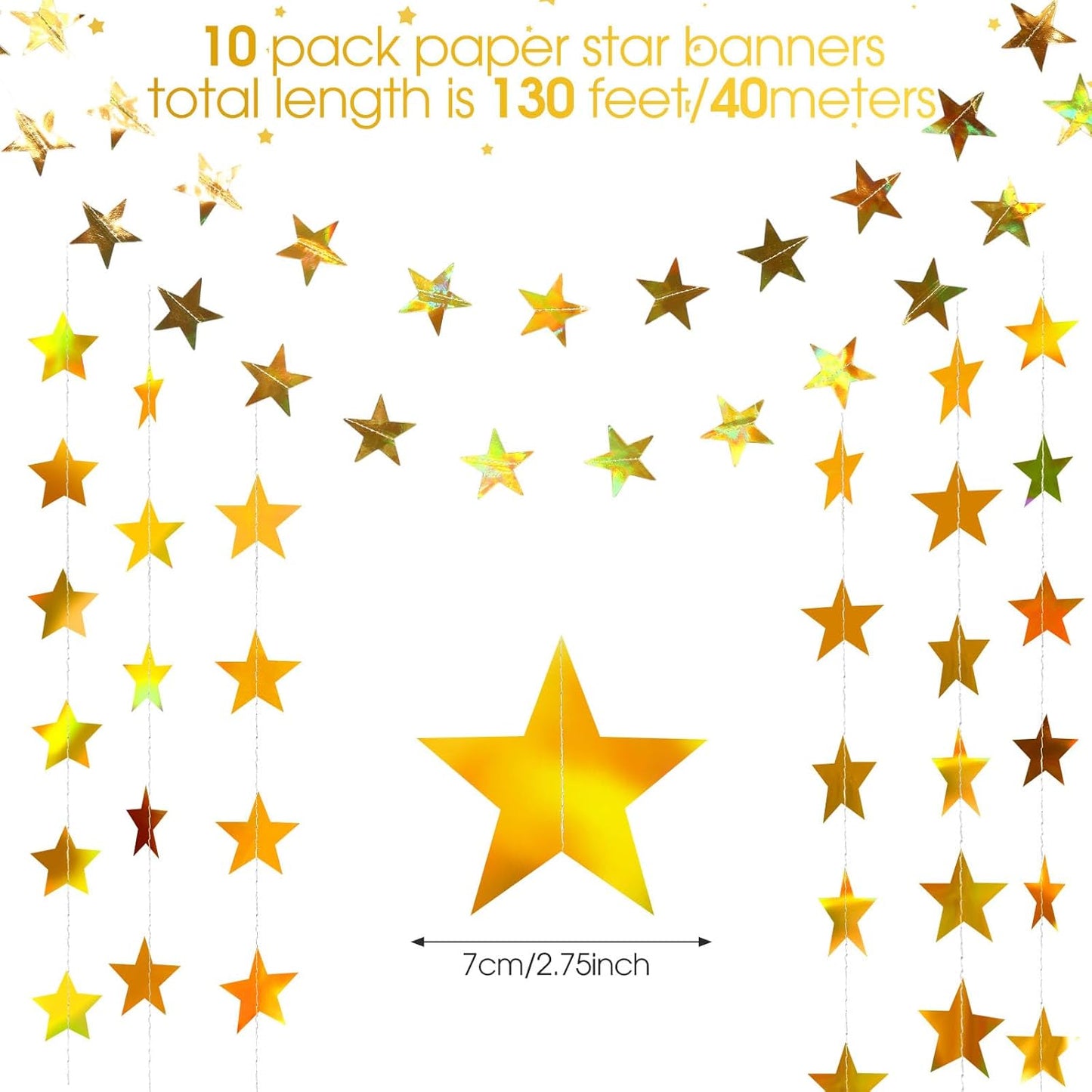 Patelai Glitter Star Garland Banner Decor 130 Feet Star Hanging Bunting Banner Twinkle Backdrop for Homecoming Classroom Wedding Birthday Halloween Christmas Party Supplies(Iridescent Gold)