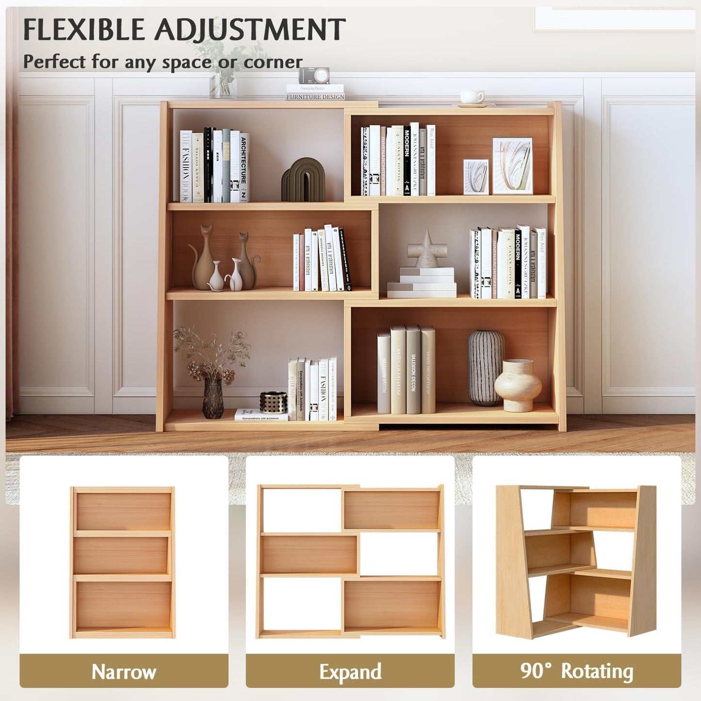 IOTXY Wooden Extendable Shelf Bookcase - 3-Tier Ladder Low Short Bookshelf for Small Space or Corner, Oak, S
