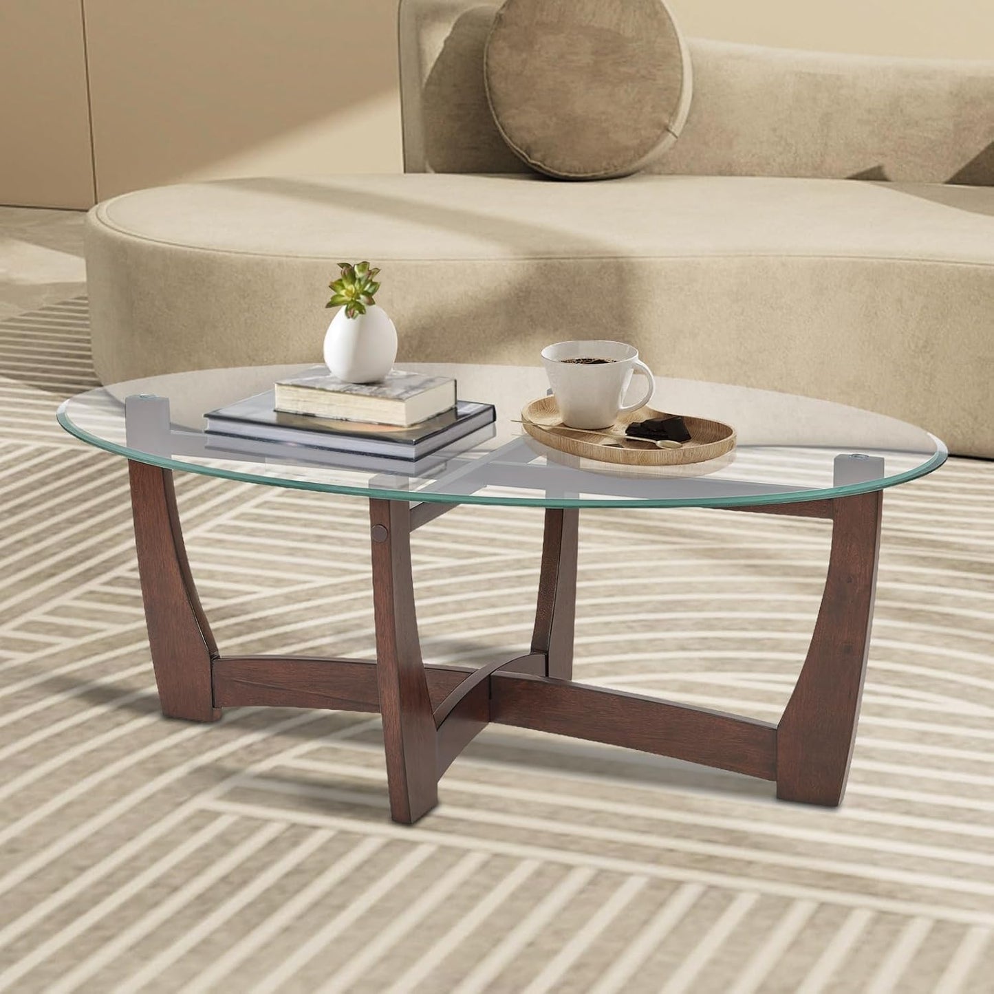48" Oval Glass Coffee Table with Tempered Glass Top Cross and Solid Wood Base Simple & Modern Center Table for Living Room Office Apartment Cherry