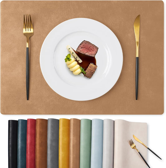 MOSAYT Vinyl Placemats Set of 6-12 X 17 Inch - Faux Leather 100% Waterproof Oil-Proof Wipeable PU Place Mats, Heat Resistant Reversible Table Mats for Kitchen, Dining, Outdoor (Camel)